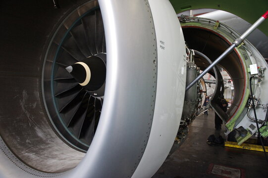 Almaty, Kazakhstan - 01.29.2014 : The turbine of the Airbus A320 aircraft during repair in the hangar © Vladimir