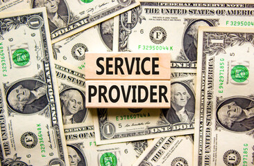 Service provider symbol. Concept words Service provider on wooden blocks on a beautiful background from dollar bills. Business services and service provider concept, copy space.