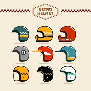 vintage motorcycle helmet vector set. cool retro helmets collection vector in various color scheme. custom culture helmet design.