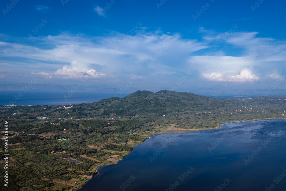 Sticker Drone aerial photo on Korission Lake on the Ionian Sea shore, Corfu Island, Greece