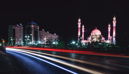 Night Shali and mosque. Chechen republic, june 2021.