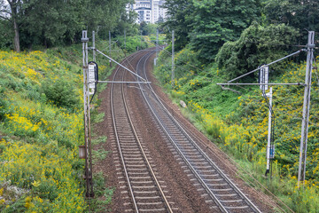 Railway tracks in Warsaw city, Poland, view near PKP Rakowiec Station