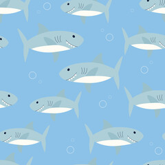 Funny shark seamless pattern. Cute animals kids background. Creative vector illustration in Scandinavian style. Cartoon sharks.