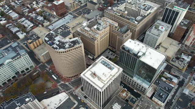 Central District of Wilmington, Delaware USA. Aerial View of Downtown Buildings and Streets, Establishing Drone Shot