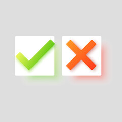 Obraz premium Green check mark icon and red cross mark. checklist signs, approval badge, vector illustration