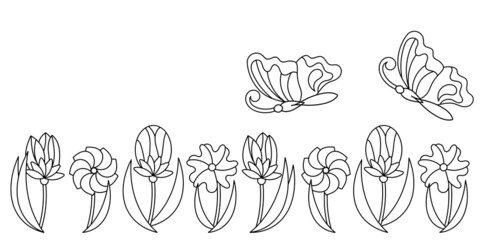 Coloring book page horizontal borders with flowers leaves and butterfly. Design elements