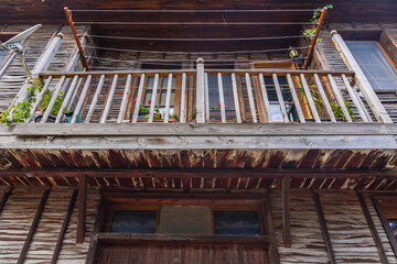 Facade of wooden building in Old Town of Sozopol city on Black Sea coast in Bulgaria
