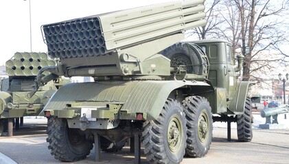 Exhibition of military equipment weapons. Tanks, armored personnel carriers, rocket launchers.