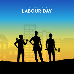 Happy labour day design concept with silhouette of workers. International Labor Day isolated on blue sky.