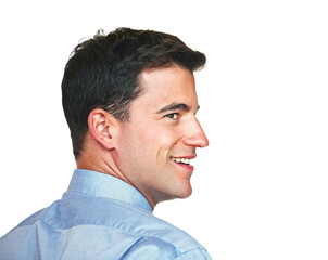 Obraz premium Looking back to where it all started. Studio shot of a young businessman looking back over his shoulder against a white background.