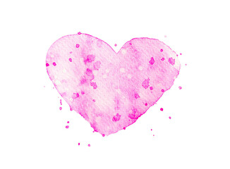 Hand drawn watercolor pink heart shape isolated on white background for your valentine design. Creative romantic background and paper texture.