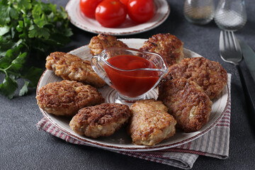 Cutlets of turkey fillet and oatmeal, fried in a pan, served with tomato sauce, Close-up