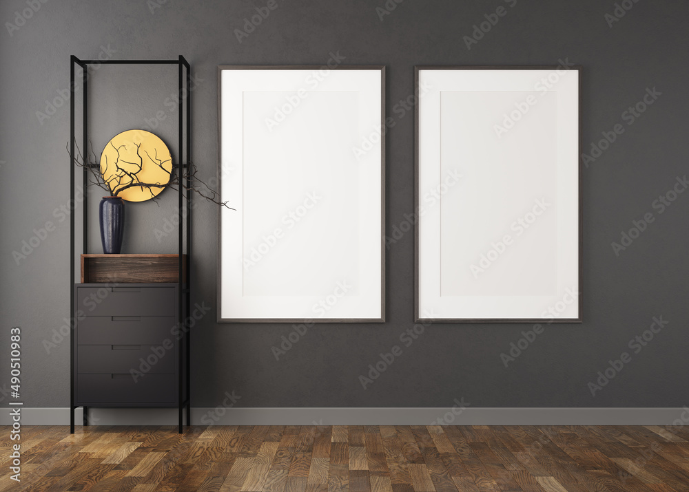 Wall mural 3d illustration, Black wall, two empty canvases, front view decorated with tall sideboard with decorated elements in metal, dark parquet