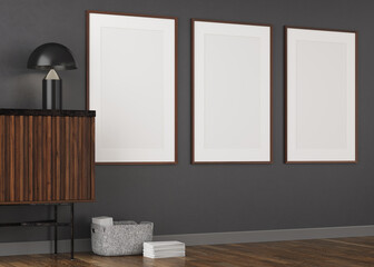 Fototapeta premium ·d illustration Black wall, three empty canvases, profile view decorated with sideboard with a black lamp, dark parquet