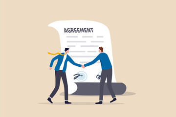 Business deal, agreement or collaboration document, contract or success negotiation, executive handshaking concept, businessman partner people shaking hand after signing business agreement document. - obrazy, fototapety, plakaty
