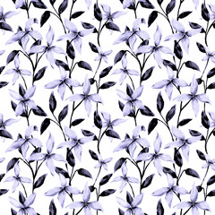 Fototapeta premium Lily flowers, leaves seamless pattern. Botanical repeat print on white background. Elegant black white, violet floral design for textile, wallpaper, wrapping paper, fabric, decoration.