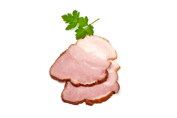 Sliced smoked pork loin, isolated on white background.