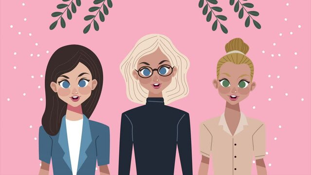 happy womens day animation with three girls