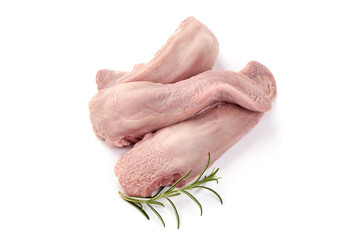 Raw pork tongue with rosemary, close-up, isolated on white background.