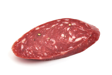Spanish salchichon sausage, isolated on white background.