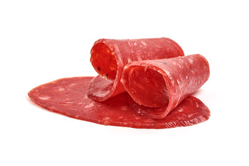 Spanish salchichon sausage, isolated on white background.