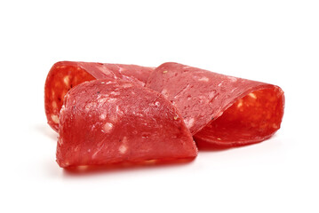 Spanish salchichon sausage, isolated on white background.