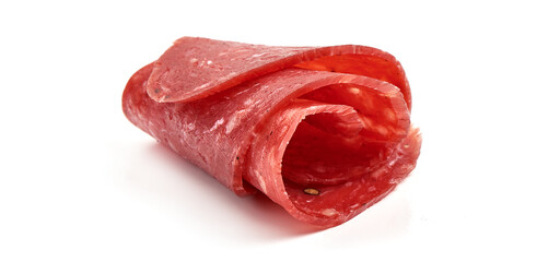 Spanish salchichon sausage, isolated on white background.