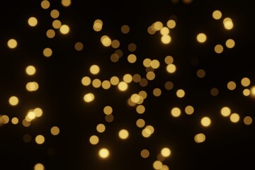 Defocused bokeh lights on black background, an abstract naturally blurred backdrop for Christmas eve or birthday party. Festive light texture. Yellow and red garland in blur. Overlay effect for design