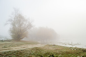 Novi Sad, Serbia-January 12. 2013: Panorama of the pond covered with thick fog near the city of Novi Sad, Serbia.