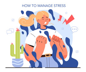 How to manage stress instruction concept. Frustrated woman with anxiety