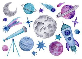 Watercolor illustartion of space objects, planets, rocket. hand drawn astronomy elements isolated on white background elements set. © Катерина Тышковская