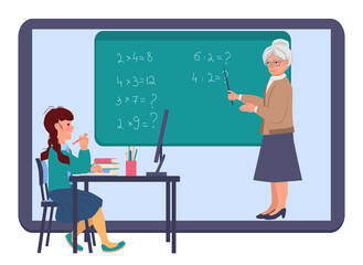 Little girl is sitting at a table and looking at a computer monitor. In the background on the screen, an elderly teacher at the blackboard explains mathematics. Vector illustration in flat style