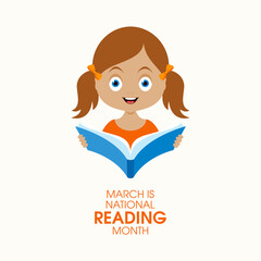 March Is National Reading Month vector. Cheerful little girl reading a book vector. Happy smiling child girl with book cartoon character