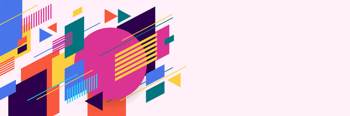 Shape abstract pink colorful memphis wide banner design background. Abstract colorful memphis geometric business banner background. Vector illustration.