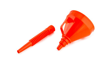 Red Plastic Funnel for gasoline and other technical liquids isolated over white background High Quality Studio Shot