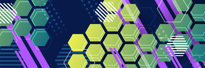 Hexagonal abstract green colorful memphis wide banner design background. Abstract colorful memphis geometric business banner background. Vector illustration.