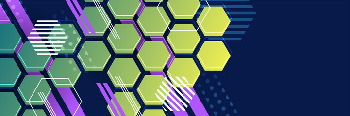 Hexagonal abstract green colorful memphis wide banner design background. Abstract colorful memphis geometric business banner background. Vector illustration.