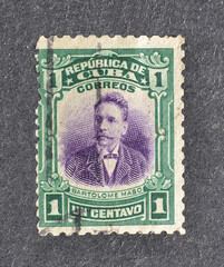 Cancelled postage stamp printed by Cuba, that shows portrait of Bartolomé Maso (1830-1907), circa...