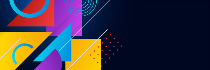 Modern colorful blue orange purple red gradient abstract geometric memphis banner background design. Abstract background with line square triangle dots halftone and circle. Vector illustration.