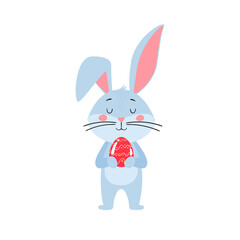 Cute cartoon hare or rabbit. A Bunny is holding an Easter egg. Printing for children's T-shirts, greeting cards, posters. Hand-drawn vector stock illustration isolated on a white background