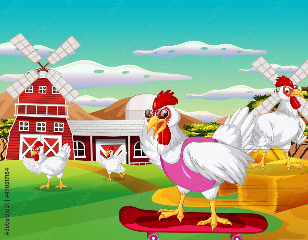 Poster Farm scene with chicken on skateboard