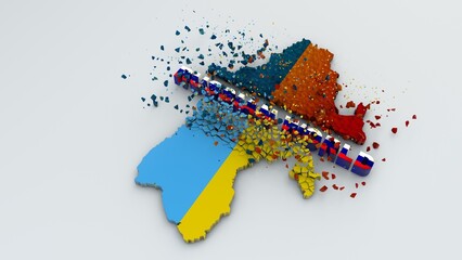 Obraz premium 3d rendering, a map of Ukraine broken into parts by the text Russian World. Illustration of the consequences of Russia's war against Ukraine, the devastating consequences of the invasion.