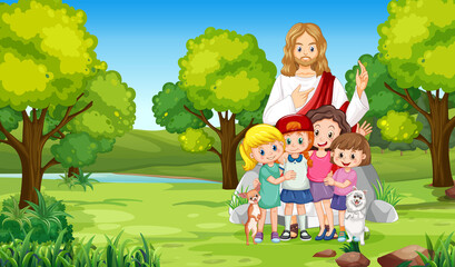 Jesus and children at the park - obrazy, fototapety, plakaty
