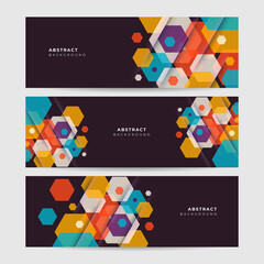 Set of hexagonal abstract black colorful memphis wide banner design background. Modern abstract geometric banner background.
