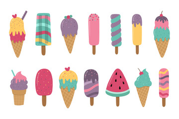 A set of bright colorful ice creams. Cartoon hand-drawn dessert. Vector illustration