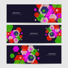 Set of hexagonal abstract black colorful memphis wide banner design background