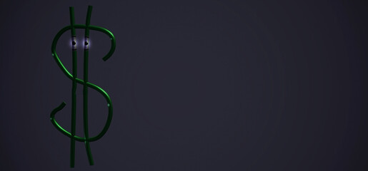 Abstract green shiny dollar sign on a dark background, isolated