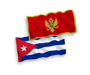 National vector fabric wave flags of Montenegro and Cuba isolated on white background. 1 to 2 proportion.