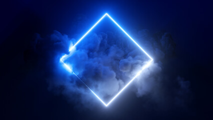 3d rendering, abstract futuristic background with neon geometric shape and stormy cloud on night...