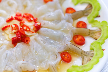 Shrimp in fish sauce.Popular food of Thailand.Shrimp dishes.Asian recommended food.spicy salad shrimp in fish sauce